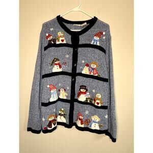 2000s White Stag Blue Snowman Christmas Kidcore Teacher Granny Cardigan 1X